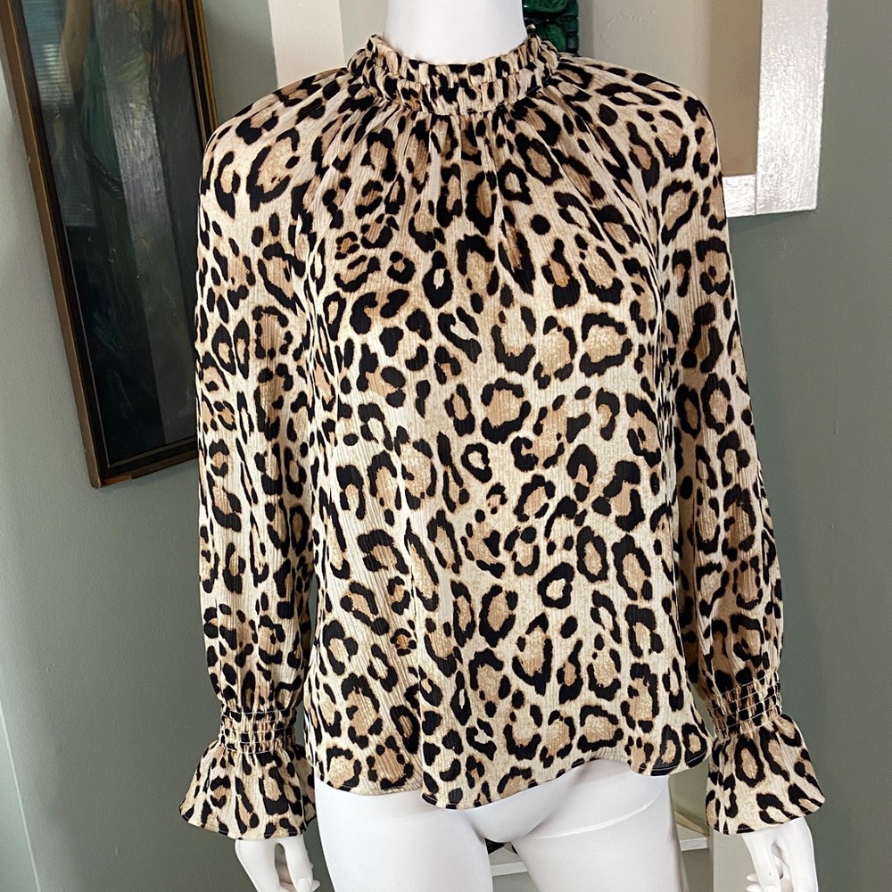 LOFT Leopard Cheetah Print Ruffle Bell Cuff Sleeve Blouse Top Shirt Small S - Picture 2 of 11